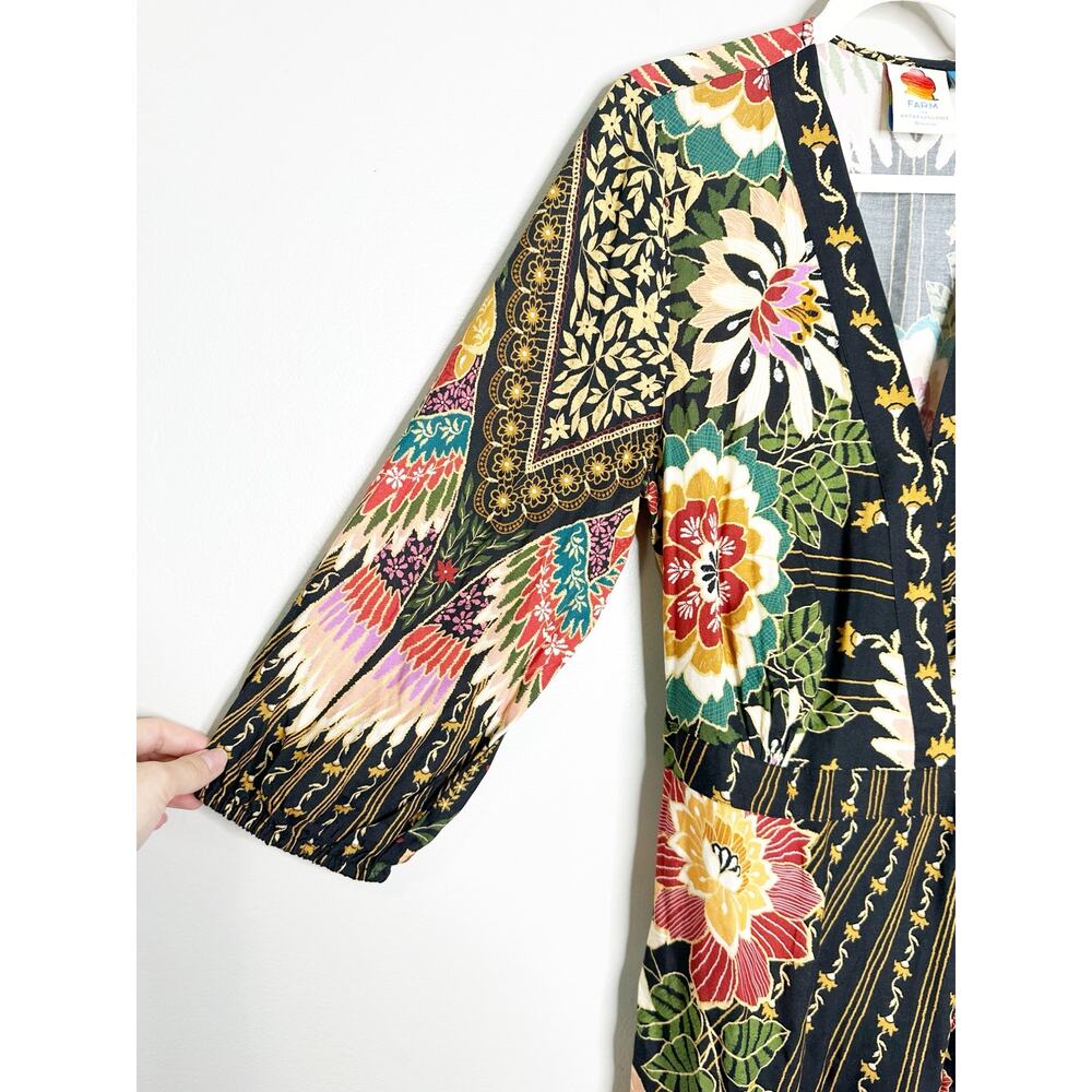 Farm Rio Anthropologie Black Tropical Floral Wrap Maxi Dress Medium - Picture 6 of 9